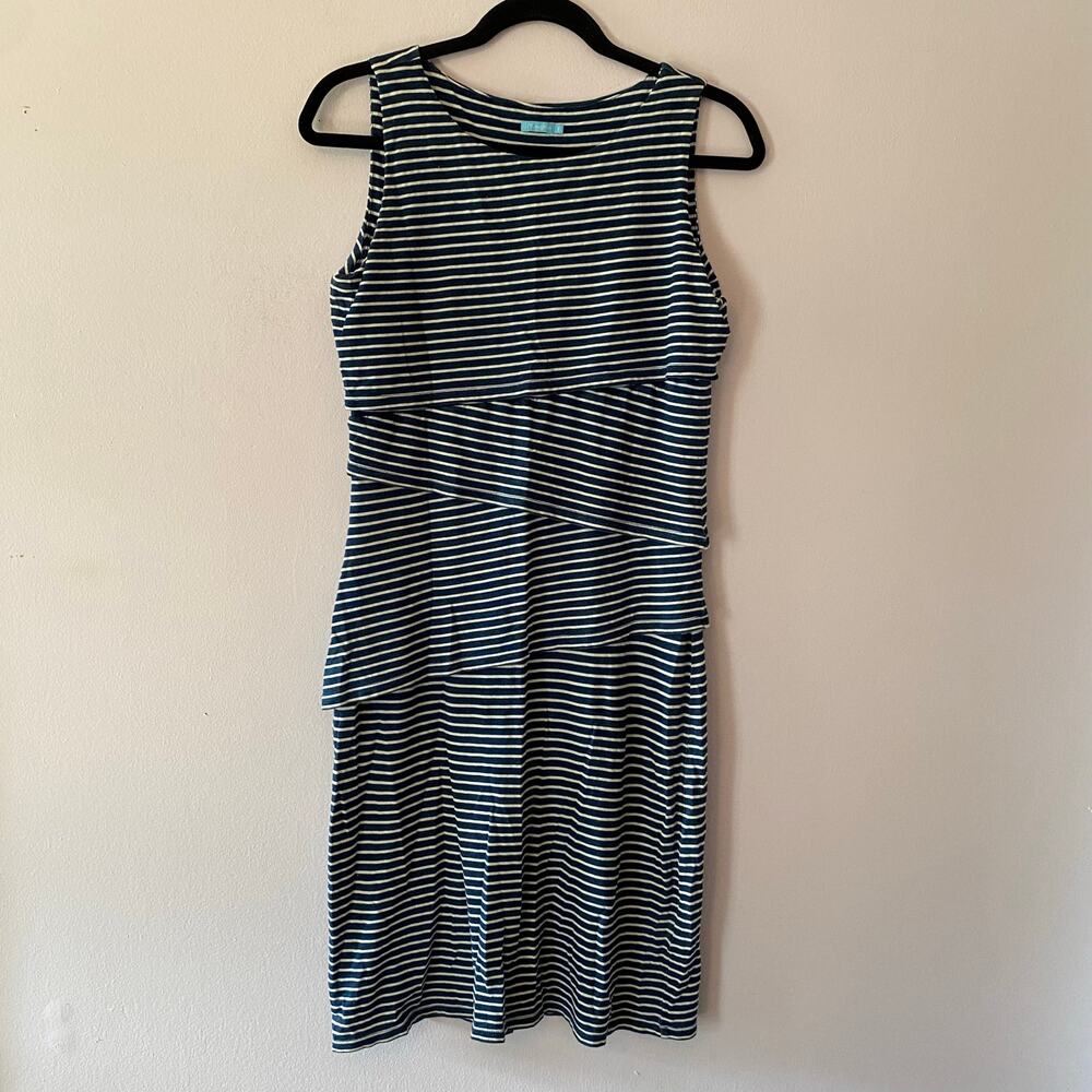 J. McLaughlin Blue White Stripe Sleeveless Tiered Knee Length Dress Cotton Small